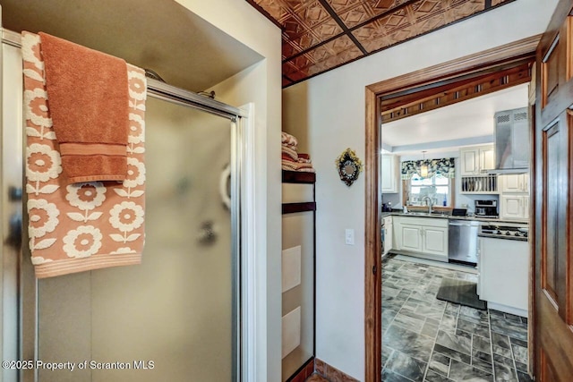 bathroom with vanity and walk in shower