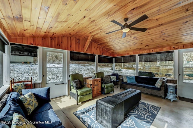 interior space with vaulted ceiling, ceiling fan, and wood ceiling