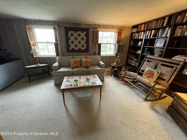 living room with wooden walls and carpet floors