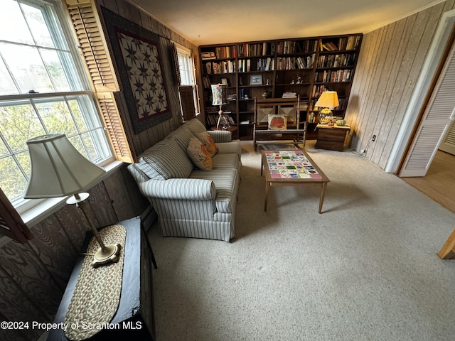 living area with carpet floors, built in features, and wooden walls