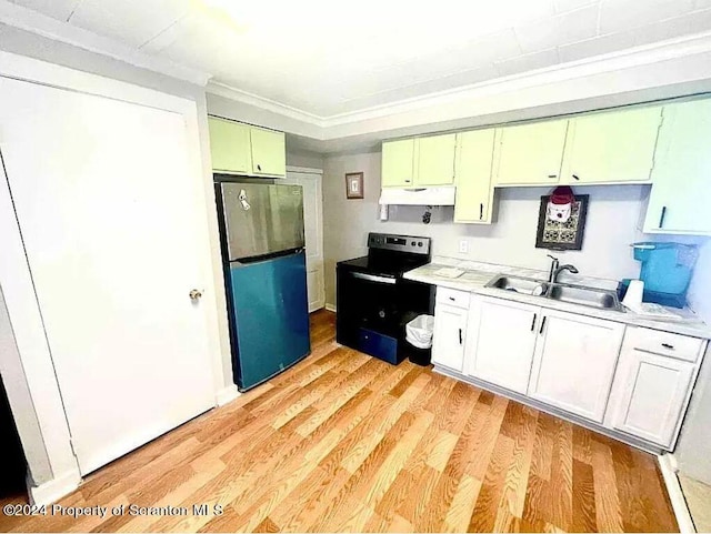 kitchen featuring white cabinets, black range with electric stovetop, sink, stainless steel fridge, and light hardwood / wood-style floors