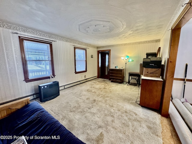 interior space with light carpet, a textured ceiling, and baseboard heating