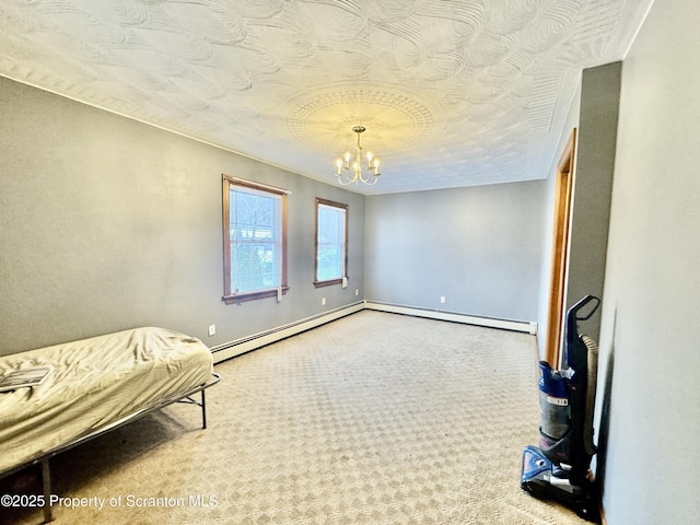 carpeted bedroom featuring a notable chandelier, a textured ceiling, and a baseboard radiator