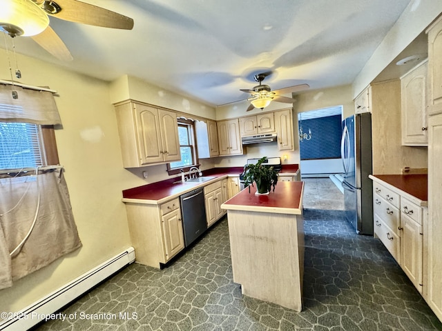 kitchen with ceiling fan, light brown cabinets, stainless steel appliances, a baseboard radiator, and a kitchen island