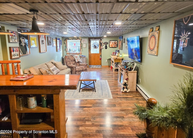 living room featuring dark hardwood / wood-style flooring and baseboard heating