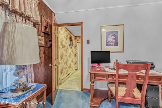 carpeted office with a baseboard radiator and crown molding