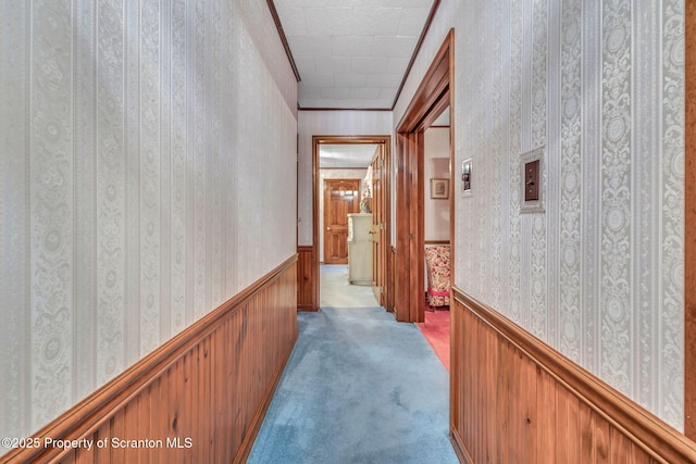 hallway featuring ornamental molding and light colored carpet