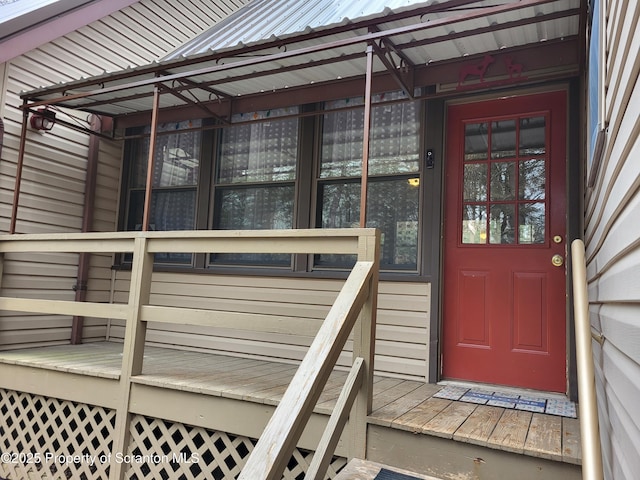 1445 Heart Lake Rd, Scott Twp, PA 18433 - doorway to property with a wooden deck and a metal roof