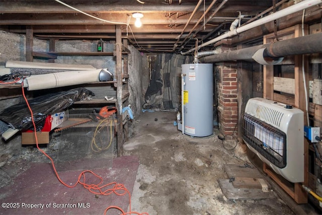 unfinished below grade area with gas water heater and heating unit