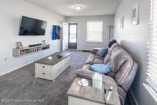 carpeted living room with baseboards