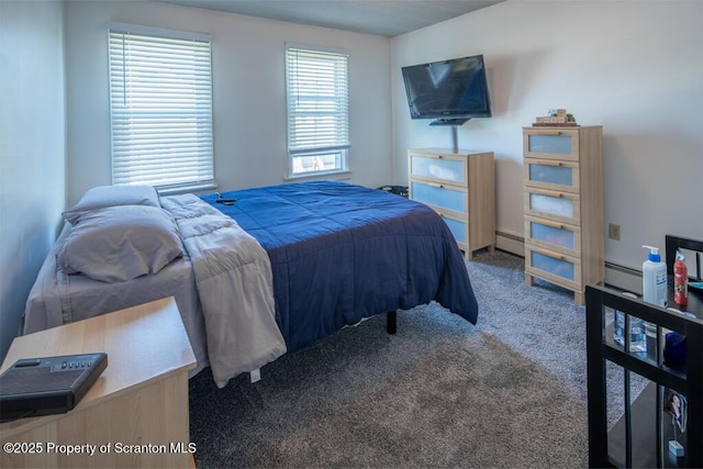 bedroom with a baseboard radiator and carpet floors