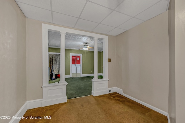 445 Leggett St, Scranton, PA 18508 - carpeted spare room with ornate columns, ceiling fan, and a paneled ceiling