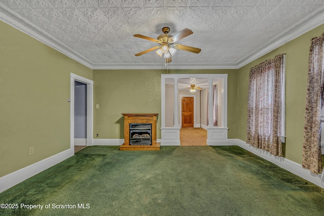 445 Leggett St, Scranton, PA 18508 - unfurnished living room featuring a ceiling fan, carpet flooring, a fireplace, crown molding, and an ornate ceiling