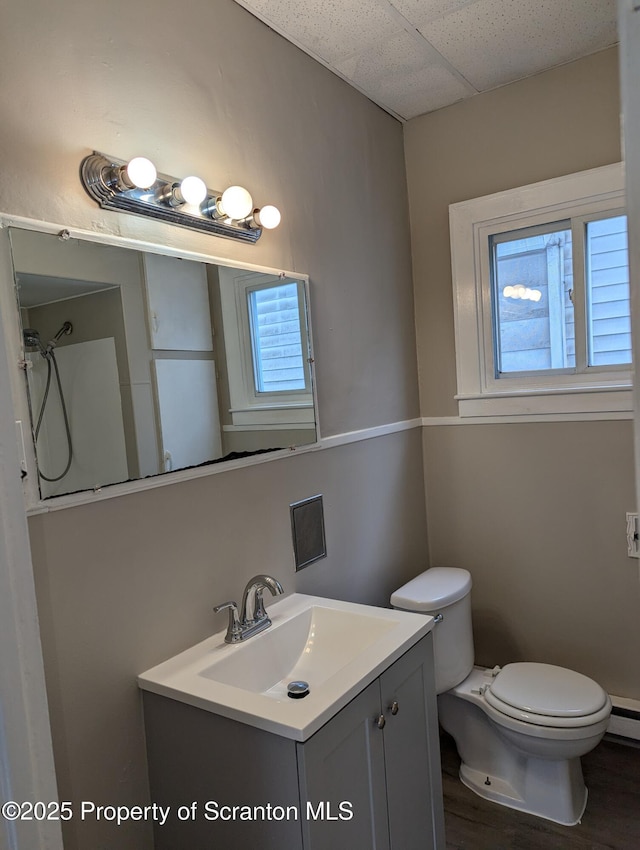 bathroom with vanity, toilet, a drop ceiling, and a healthy amount of sunlight