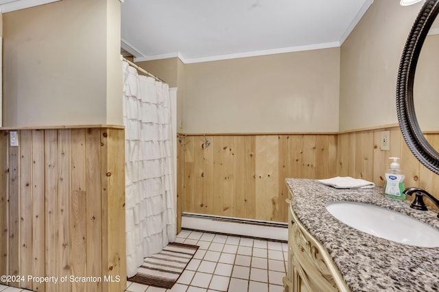 bathroom with crown molding, vanity, a baseboard radiator, and wood walls