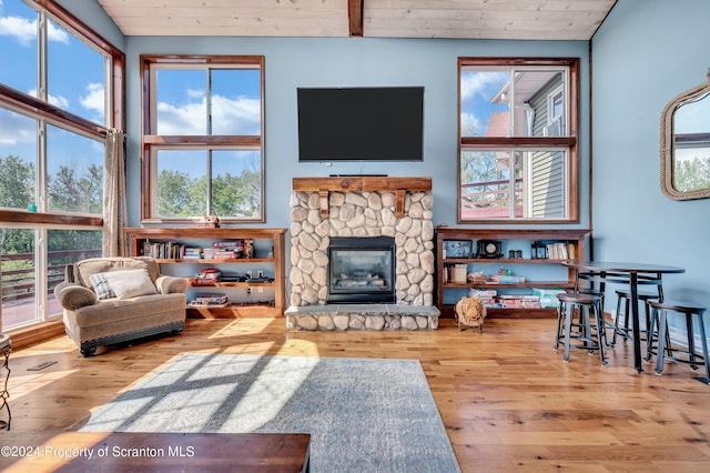 living room with a fireplace, wood-type flooring, and a high ceiling