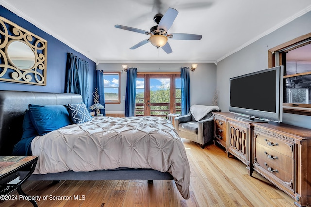 bedroom with ceiling fan, ornamental molding, and light hardwood / wood-style flooring