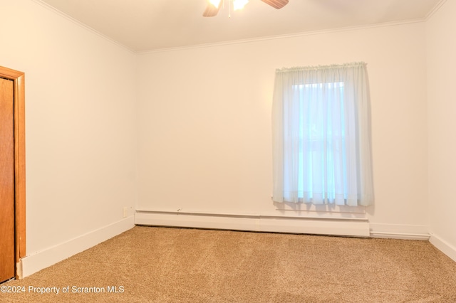 unfurnished room with ceiling fan, baseboard heating, light carpet, and ornamental molding