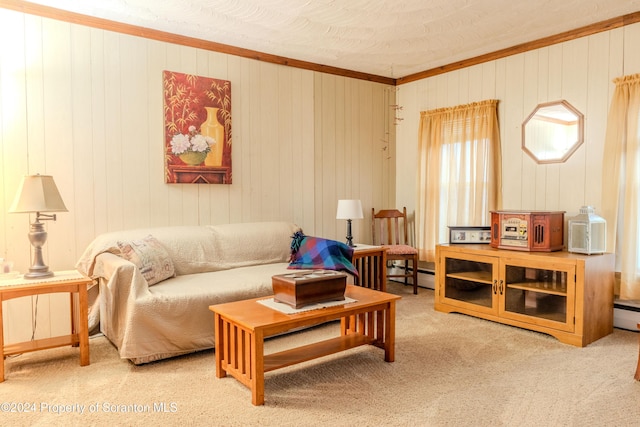 living room featuring carpet flooring, ornamental molding, wooden walls, and a baseboard heating unit