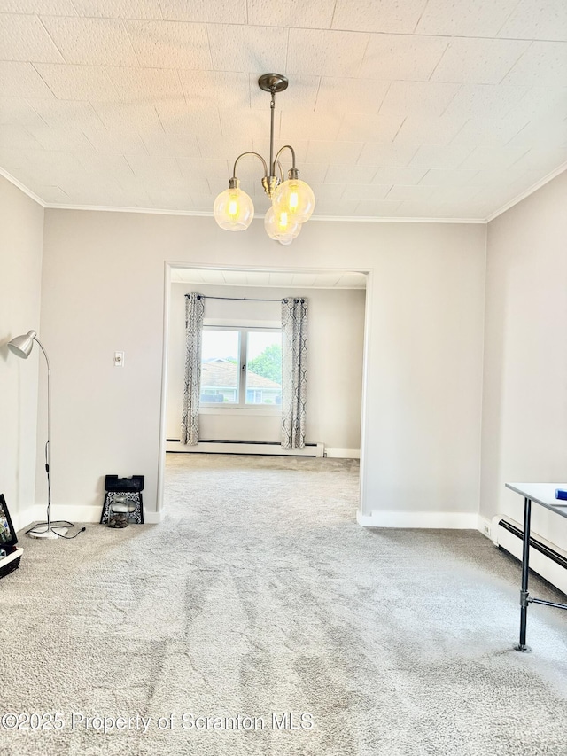 918 Hemlock St, Scranton, PA 18505 - unfurnished living room with ornamental molding, carpet flooring, a baseboard heating unit, baseboards, and a chandelier
