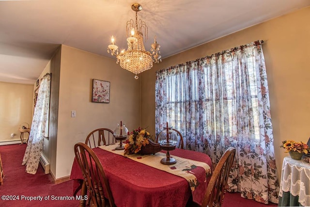 dining space with a notable chandelier, dark carpet, and baseboard heating