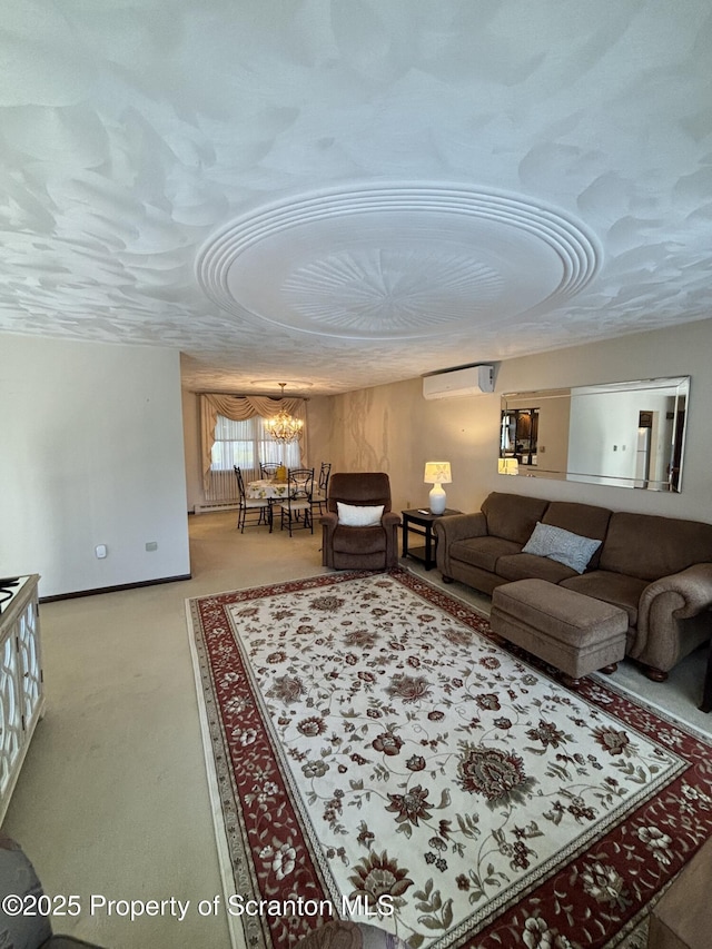 carpeted living room with a wall mounted air conditioner and a chandelier
