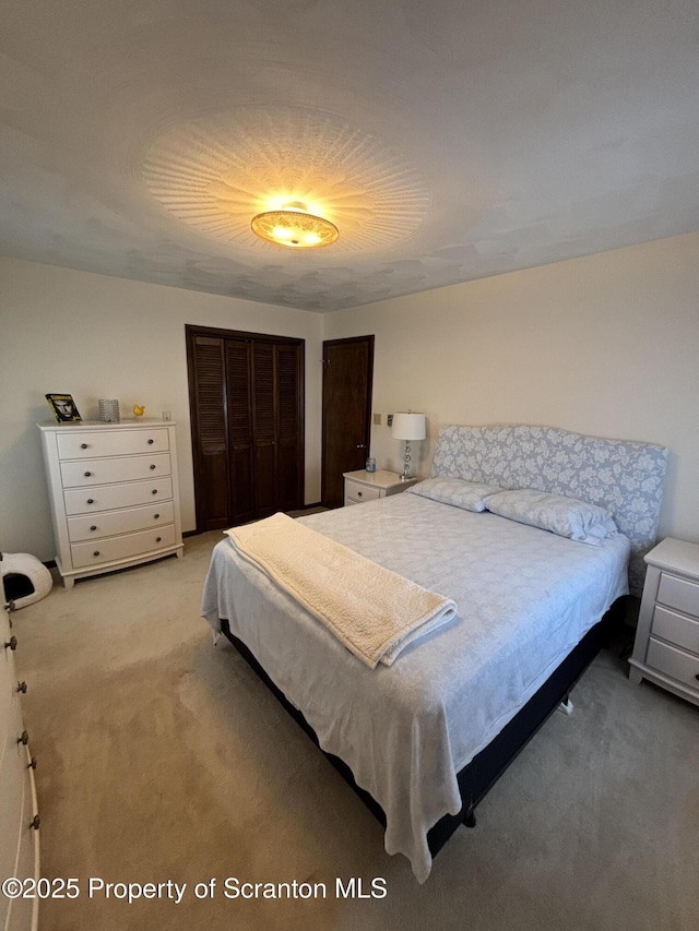 bedroom with a closet and light carpet