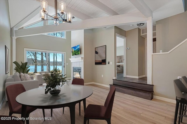134 Laurel Hill Dr Unit 102, Greentown, PA 18426 - dining space with beamed ceiling, a chandelier, light wood finished floors, a fireplace, and high vaulted ceiling