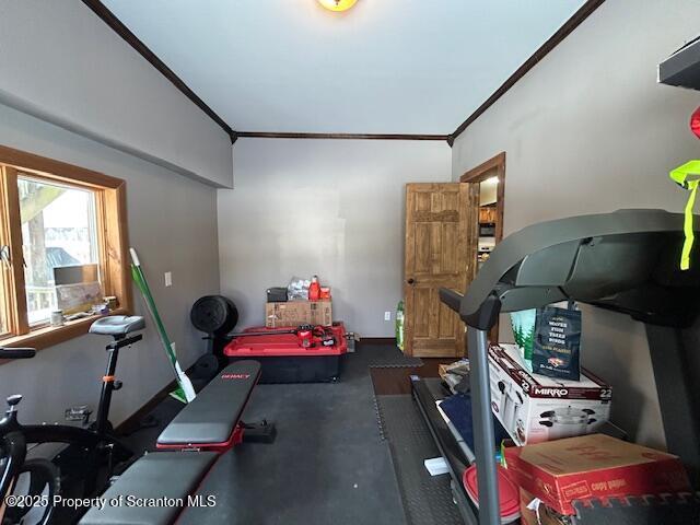 workout room with crown molding