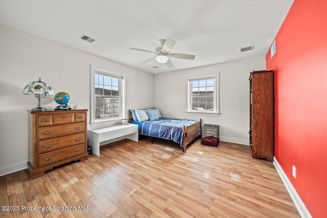 bedroom featuring multiple windows, light wood-type flooring, and ceiling fan