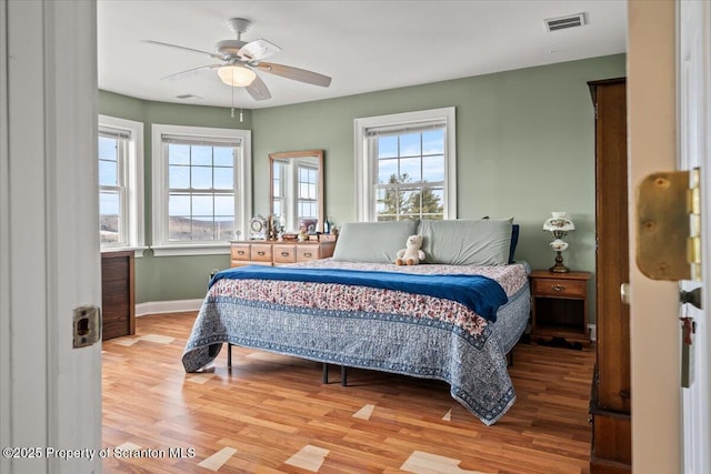 bedroom featuring hardwood / wood-style flooring and ceiling fan