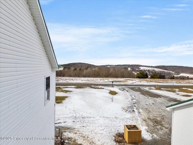 yard covered in snow with a mountain view