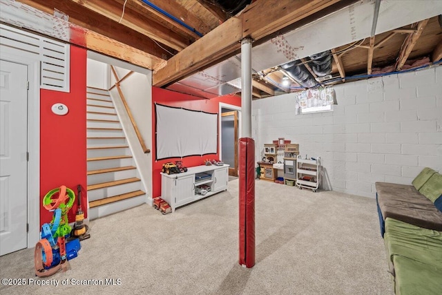 basement featuring carpet flooring