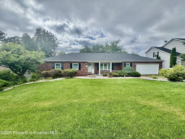 13 Forest Glen Dr, Scranton, PA 18504 - view of front of property with a garage, brick siding, a front lawn, and covered porch