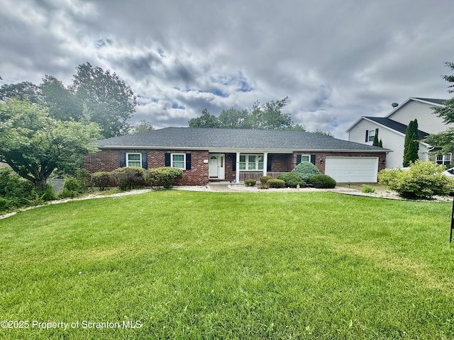 13 Forest Glen Dr, Scranton, PA 18504 - ranch-style house featuring an attached garage, a front lawn, brick siding, and concrete driveway