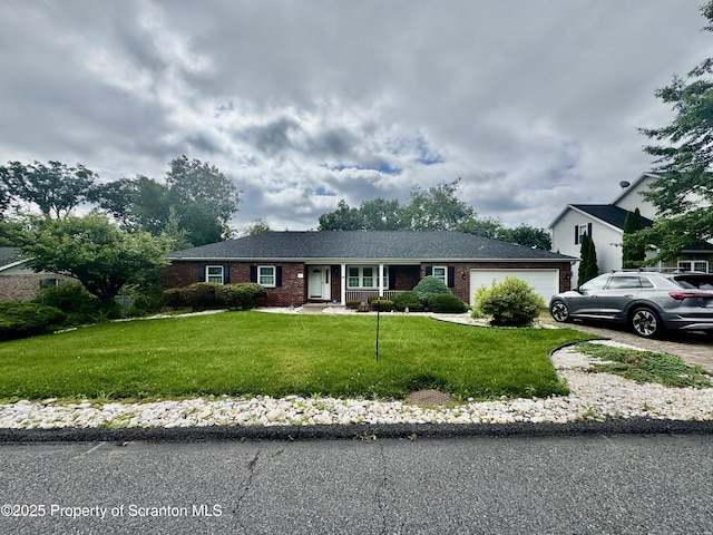 13 Forest Glen Dr, Scranton, PA 18504 - ranch-style home with a garage, a front lawn, brick siding, and driveway