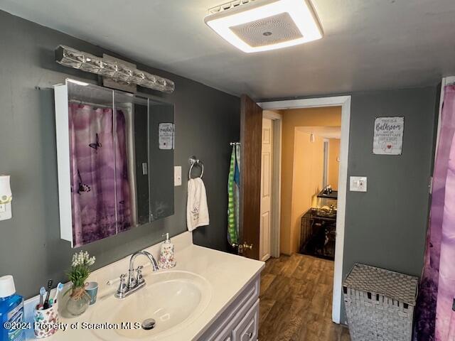 bathroom with hardwood / wood-style floors, vanity, and a shower with curtain