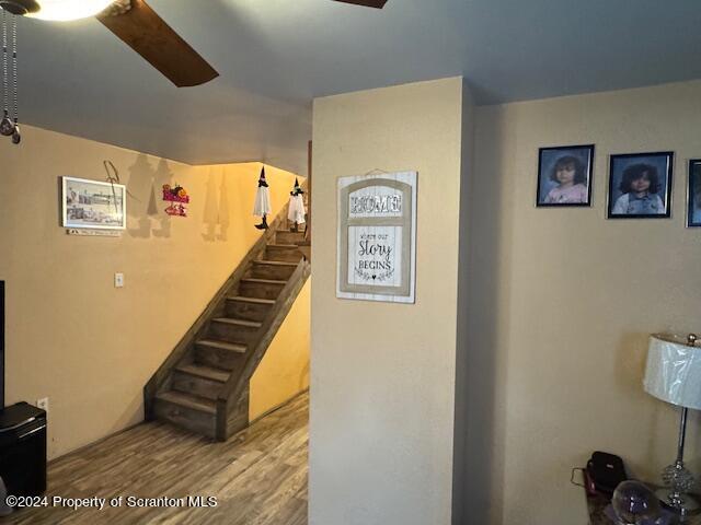 stairway featuring ceiling fan and hardwood / wood-style floors