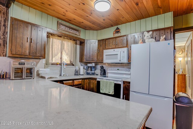 125 Frances Ln, Greentown, PA 18426 - kitchen featuring light countertops, wood ceiling, a sink, and white appliances
