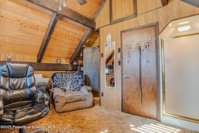 125 Frances Ln, Greentown, PA 18426 - interior space featuring wood ceiling, lofted ceiling with beams, and wood walls