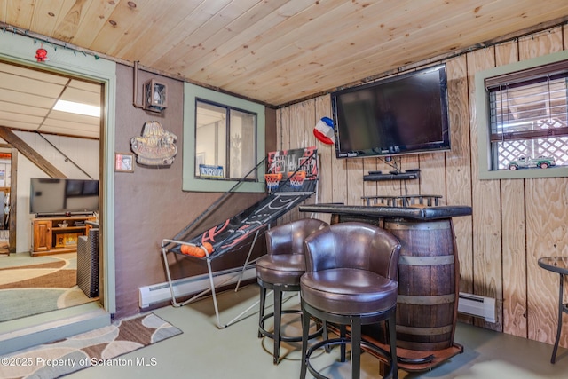 125 Frances Ln, Greentown, PA 18426 - bar with a baseboard heating unit, wooden ceiling, wood walls, and finished concrete flooring
