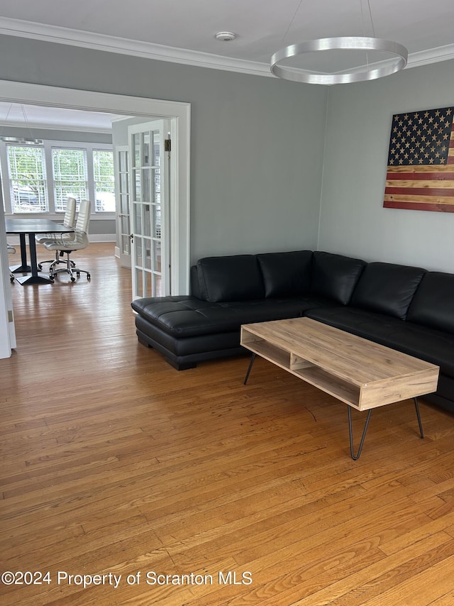 living room featuring light hardwood / wood-style floors and crown molding