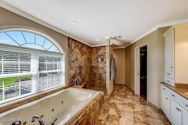 bathroom featuring vanity, independent shower and bath, and crown molding