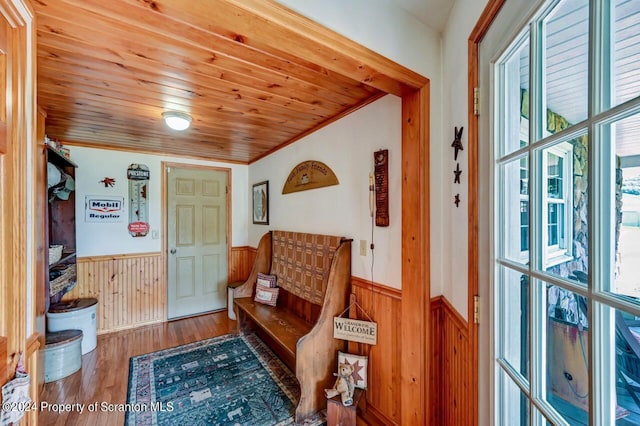 living area featuring hardwood / wood-style flooring and wood ceiling