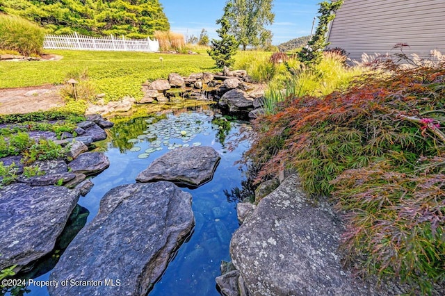 view of yard featuring a garden pond