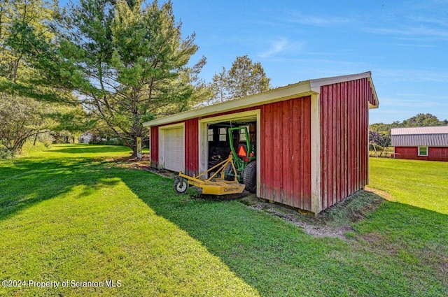 view of outdoor structure with a lawn