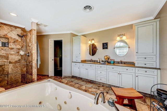 bathroom with vanity, ornamental molding, and independent shower and bath