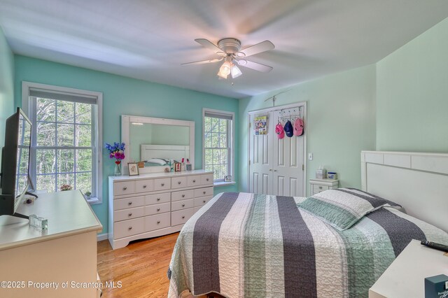 157 Mcesther Dr Unit L 31, Covington Twp, PA 18424 - bedroom featuring multiple windows, light wood-type flooring, a ceiling fan, and a closet