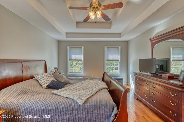 157 Mcesther Dr Unit L 31, Covington Twp, PA 18424 - bedroom with a raised ceiling, multiple windows, light wood finished floors, and a ceiling fan