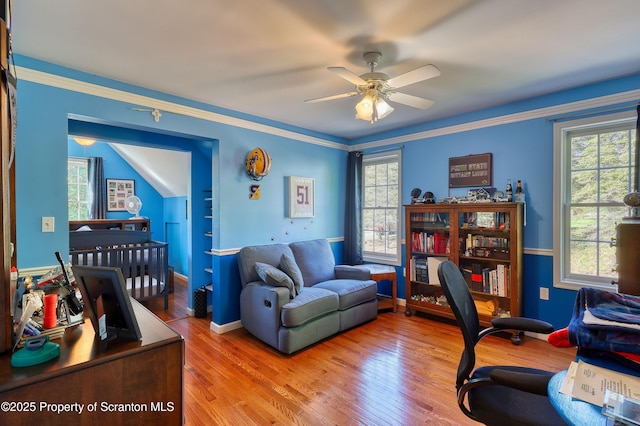 157 Mcesther Dr Unit L 31, Covington Twp, PA 18424 - home office featuring ceiling fan, plenty of natural light, wood finished floors, and vaulted ceiling